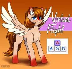 Size: 2000x1921 | Tagged: safe, artist:erein, derpibooru import, oc, oc only, oc:virtual flight, pegasus, pony, blue eyes, blushing, brown mane, colored wings, cute, cutie mark, ear piercing, ears, ears up, female, gradient background, looking at you, mare, multicolored wings, pegasus oc, piercing, reference sheet, smiling, solo, spread wings, tail, text, wings