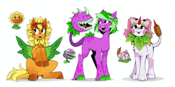 Size: 2725x1352 | Tagged: safe, artist:buvanybu, derpibooru import, original species, plant pony, pony, cattail (plants vs zombies), chomper (plants vs zombies), cute, female, flower, mare, plant, plants vs zombies, ponified, species swap, sunflower