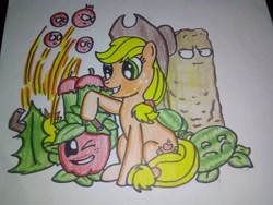 Size: 1024x768 | Tagged: safe, artist:towny-san, derpibooru import, applejack, earth pony, g4, apple, apple mortar, crossover, female, food, mare, plant, plants vs zombies, tall-nut, traditional art, watermelon