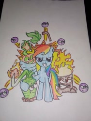 Size: 768x1024 | Tagged: safe, artist:towny-san, derpibooru import, rainbow dash, pegasus, g4, crossover, female, fire, food, grapes, mare, plant, plants vs zombies, pumpkin, torchwood, traditional art, wasabi, wasabi whip