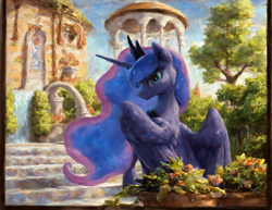 Size: 6464x4992 | Tagged: safe, ai content, derpibooru import, generator:pony diffusion v6 xl, generator:stable diffusion, machine learning generated, princess luna, alicorn, g4, absurd resolution, looking at you, looking back, outdoors, prompter:radioglitch, summer