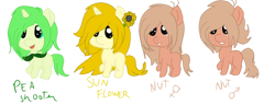 Size: 686x263 | Tagged: artist needed, safe, derpibooru import, earth pony, original species, plant pony, pony, unicorn, colt, female, filly, flower, foal, horn, male, peashooter, plant, plants vs zombies, ponified, species swap, sunflower, wall-nut