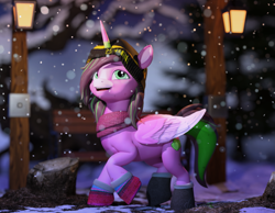 Size: 2515x1951 | Tagged: safe, artist:dreezegh, derpibooru import, 3d, clothes, cute, feathercorn, happy, illustration, open mouth, outdoors, pegacorn, scarf, scenery, snow, snowfall, stroll, trotting, winter, winter outfit