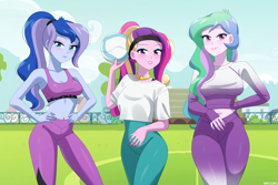 Size: 1440x960 | Tagged: safe, artist:riouku, derpibooru import, dean cadance, princess cadance, princess celestia, princess luna, principal celestia, vice principal luna, human, equestria girls, g4, alternate hairstyle, bedroom eyes, belly, belly button, blushing, clothes, commission, eyeshadow, female, football, grin, headband, leggings, leotard, lipstick, makeup, midriff, outdoors, ponytail, royal sisters, shirt, siblings, sisters, smiling, sports, sports bra, trio, trio female