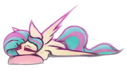 Size: 4195x2359 | Tagged: safe, artist:lu.de, derpibooru import, oc, oc:curious query, pegasus, blushing, commissioner:dhs, eyes closed, lying down, pillow, simple background, smiling, two toned mane