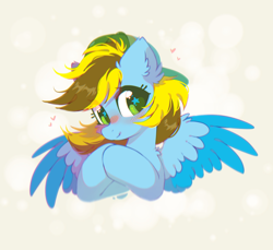 Size: 1716x1572 | Tagged: safe, artist:mirtash, derpibooru import, oc, oc only, oc:lucky bolt, pegasus, pony, backwards ballcap, baseball cap, big eyes, blue coat, blue wingtips, blush lines, blushing, bust, cap, cheek fluff, colored eyelashes, colored pupils, colored wings, colored wingtips, commission, cute, ear fluff, ears, eye clipping through hair, female, female oc, green eyelashes, green eyes, green pupils, hat, hooves together, looking away, mare oc, pegasus oc, shiny mane, shoulder fluff, simple background, smiling, solo, spread wings, starry eyes, three quarter view, two toned mane, two toned wings, wing fluff, wingding eyes, wings, ych result