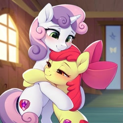 Size: 1024x1024 | Tagged: safe, ai content, derpibooru import, generator:pony diffusion v6 xl, generator:stable diffusion, machine learning generated, apple bloom, sweetie belle, earth pony, pony, unicorn, g4, blushing, cute, duo, duo female, female, filly, foal, horn, hug, indoors, lesbian, prompter:ranserthus, ship:sweetiebloom, shipping, the cmc's cutie marks