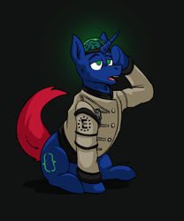 Size: 1680x2023 | Tagged: safe, artist:g472y, derpibooru import, oc, oc only, oc:bit shift, pony, unicorn, fallout equestria, blank eyes, brain, clothes, colored, enclave, enclave uniform, green eyes, horn, lidded eyes, lineart, mind control, open mouth, organs, pipbuck, salute, sitting, solo, uniform