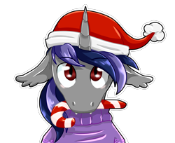 Size: 3030x2472 | Tagged: safe, artist:fleiiha, derpibooru import, oc, oc only, oc:dreaming star, bat pony, hybrid, pony, unicorn, bat pony unicorn, candy, candy cane, christmas, clothes, commission, cute, food, hat, high res, holiday, horn, looking at you, male, santa hat, simple background, solo, sweater, transparent background, ych result