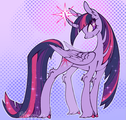 Size: 1049x1000 | Tagged: safe, artist:pompolilla, derpibooru import, twilight sparkle, twilight sparkle (alicorn), alicorn, pony, g4, colored hooves, concave belly, curved horn, ear fluff, ears, female, fetlock tuft, folded wings, glowing, glowing horn, gradient background, halftone, head turn, hock fluff, hooves, horn, leg fluff, long mane, long tail, mare, patterned background, pink hair, pixel-crisp art, signature, slender, small horn, smiling, solo, sparkles, sparkly mane, sparkly tail, standing, starry eyes, tail, thin, unshorn fetlocks, wingding eyes, wings