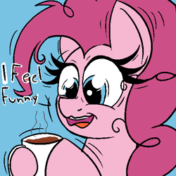 Size: 512x512 | Tagged: safe, artist:xppp1n, derpibooru import, pinkie pie, earth pony, pony, g4, coffee, coffee cup, cup, dithering, female, mare, pinkie found the coffee, simple background, solo, trembling, xk-class end-of-the-world scenario