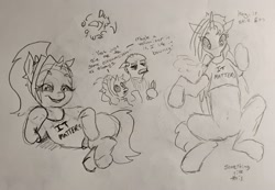 Size: 2048x1419 | Tagged: safe, artist:pony quarantine, derpibooru import, oc, oc only, oc:dyx, alicorn, pony, dialogue, duo, duo male and female, dyxcember, female, filly, foal, grayscale, hoof hold, lying down, male, mare, monochrome, older, older dyx, on side, pencil drawing, scissors, solo focus, stallion, traditional art