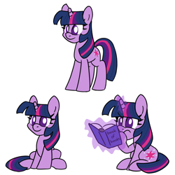 Size: 800x800 | Tagged: safe, artist:unitxxvii, derpibooru import, twilight sparkle, unicorn twilight, pony, unicorn, g4, book, bookhorse, female, horn, levitation, magic, mare, no pupils, reading, simple background, sitting, solo, standing, telekinesis, white background