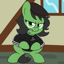 Size: 900x900 | Tagged: safe, artist:unitxxvii, derpibooru import, oc, oc only, oc:anon filly, earth pony, pony, bipedal, cigarette, clothes, female, filly, foal, frown, furrowed brow, gopnik, jacket, looking at you, scowl, slav squat, smoking, solo, squatting