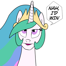 Size: 900x900 | Tagged: safe, artist:unitxxvii, derpibooru import, princess celestia, alicorn, pony, g4, bust, dialogue, female, jujutsu kaisen, mare, meme, nah i'd win, simple background, solo, speech bubble, white background