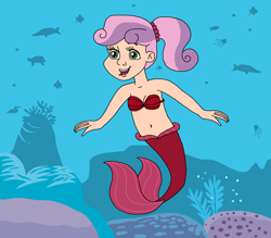 Size: 1071x937 | Tagged: safe, artist:ocean lover, derpibooru import, sweetie belle, fish, human, jellyfish, mermaid, turtle, g4, arista (the little mermaid), bare shoulders, barracuda, belly, belly button, bra, bubble, cheerful, clothes, cute, diasweetes, disney, disney princess, fins, fish tail, green eyes, happy, human coloration, humanized, kelp, light skin, looking at you, mermaid princess, mermaid tail, mermaidized, ms paint, ocean, open mouth, ponytail, seashell, seashell bra, species swap, sponge, swimming, tail, tail fin, two toned hair, underwater, underwear, water