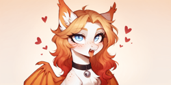 Size: 2400x1200 | Tagged: safe, ai content, derpibooru import, machine learning generated, oc, oc only, oc:sonka, bat pony, pony, ahegao, bat pony oc, blonde, choker, ear fluff, ears, female, freckles, heart, looking at you, mare, open mouth, orange hair, prompter:greesys, sharp eyes, slit eyes, solo, tongue, tongue out