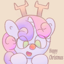 Size: 1000x1000 | Tagged: safe, artist:rosa ushiromiya, derpibooru import, sweetie belle, deer, pony, reindeer, unicorn, g4, christmas, female, foal, holiday, horn, looking at you, red nosed reindeer, smiling, smiling at you