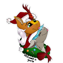 Size: 2000x2000 | Tagged: safe, artist:decemberbreeze, derpibooru import, oc, oc only, kirin, pony, :p, bow, christmas, commission, duo, hat, holiday, kirin oc, santa hat, shipping, simple background, snuggling, tongue, tongue out, transparent background, wreath, ych result