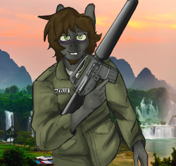 Size: 1035x971 | Tagged: safe, artist:chunk_spunk, derpibooru import, oc, oc only, oc:nacelle, anthro, pegasus, assault rifle, commission, gun, m16, male, outdoors, rifle, smiling, solo, weapon