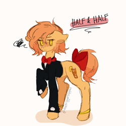 Size: 1280x1280 | Tagged: safe, artist:thetriggerslipped, derpibooru import, oc, oc only, oc:half&half, earth pony, pony, bow, bowtie, bracelet, clothes, disgruntled, jewelry, suit, tail, tail bow