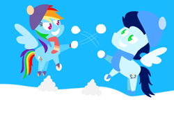 Size: 3553x2499 | Tagged: safe, anonymous artist, derpibooru exclusive, derpibooru import, rainbow dash, soarin', pegasus, pony, series:soarindash all seasons, series:soarindash winter, g4, beanie, cute, dashabetes, female, hat, male, mare, pointy ponies, rainbow dash is best pony, rainbow sass, scarf, shipping, snow, snowball, snowball fight, soarinbetes, soarindash, stallion, straight, striped scarf, winter, winter clothes