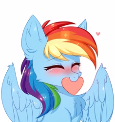 Size: 2836x3000 | Tagged: safe, alternate version, artist:pesty_skillengton, derpibooru import, rainbow dash, pegasus, pony, g4, blushing, cheek fluff, chest fluff, cute, dashabetes, ear fluff, ears, eyes closed, female, heart, mare, mouth hold, simple background, smiling, solo, spread wings, white background, wings