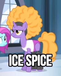 Size: 828x1038 | Tagged: safe, derpibooru import, edit, edited screencap, screencap, blue cutie, foxxy trot, pony, unicorn, for whom the sweetie belle toils, g4, anonymous editor, caption, horn, ice spice, indoors, my little pony: friendship is magic, text, unamused