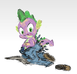 Size: 906x869 | Tagged: safe, artist:drdocmd, derpibooru import, spike, dragon, human, g4, clothes, denim, human to dragon, jeans, male, pants, shoes, simple background, solo, transformation, white background