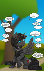 Size: 1250x2000 | Tagged: safe, artist:runningtoaster, derpibooru import, oc, oc only, alicorn, human, pony, clothes, collar, dialogue, eye clipping through hair, human to pony, offscreen character, outdoors, shrunken pupils, sitting, species swap, speech bubble, spiked collar, transformation