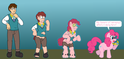 Size: 3244x1552 | Tagged: safe, artist:dommerik, derpibooru import, pinkie pie, oc, oc:edward clay, earth pony, human, pony, g4, character to character, disappearing clothes, element of laughter, female, gradient background, high res, human oc, hypno eyes, kaa eyes, male, mind control, speech bubble, transformation, transformation sequence