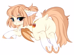 Size: 2560x1911 | Tagged: safe, artist:pesty_skillengton, derpibooru import, oc, oc only, oc:honey milk, bat pony, pony, bat pony oc, bat wings, blushing, butt, dock, eye clipping through hair, eyebrows, eyebrows visible through hair, featureless crotch, female, freckles, looking at you, mare, plot, simple background, smiling, smiling at you, solo, tail, underhoof, white background, wings