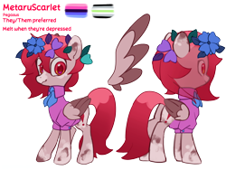 Size: 4096x3072 | Tagged: safe, artist:metaruscarlet, derpibooru import, oc, oc only, oc:metaru scarlet, pegasus, pony, agender pride flag, clothes, english, flower, flower in hair, folded wings, omnisexual pride flag, pegasus oc, pride, pride flag, reference sheet, simple background, spotted, text, transparent background, wings