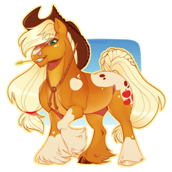 Size: 1280x1280 | Tagged: safe, artist:sadelinav, derpibooru import, applejack, earth pony, pony, g4, applejack's hat, clothes, cowboy hat, draft horse, female, hat, mare, passepartout, redesign, signature, smiling, solo, stetson, straw in mouth, unshorn fetlocks