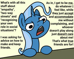 Size: 2048x1640 | Tagged: safe, artist:ewoudcponies, derpibooru import, trixie, pony, unicorn, g4, bust, dialogue, female, frown, horn, mare, open mouth, simple background, solo, yellow background