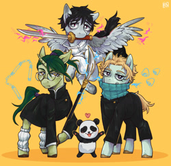 Size: 2000x1946 | Tagged: safe, artist:karamboll, derpibooru import, earth pony, pegasus, pony, unicorn, anime, clothes, crossover, female, flying, full body, glasses, group, horn, jujutsu kaisen, looking at you, magic, male, ponified, species swap, standing, sword, weapon, wings