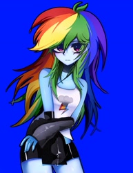 Size: 1476x1909 | Tagged: safe, artist:pulse, derpibooru import, rainbow dash, equestria girls, g4, bare shoulders, blue background, clothes, cutie mark on clothes, eyebrows, eyebrows visible through hair, looking at you, simple background