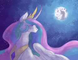 Size: 1280x992 | Tagged: safe, artist:sleepybooocharlie, derpibooru import, princess celestia, alicorn, pony, g4, crying, curved horn, female, full moon, horn, jewelry, mare, mare in the moon, moon, night, peytral, regalia, solo