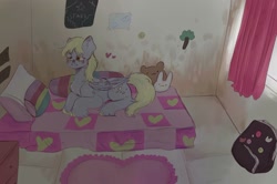 Size: 1280x849 | Tagged: safe, artist:sleepybooocharlie, derpibooru import, derpy hooves, pegasus, pony, g4, backpack, bed, female, indoors, lying down, mare, plushie, prone, solo, unshorn fetlocks