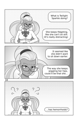 Size: 1732x2756 | Tagged: safe, artist:cybersquirrel, derpibooru import, sugarcoat, human, comic:take a seat miss sparkle, g4, clothes, comic, confused, female, glasses, human female, monochrome, school uniform, speech bubble, text