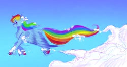 Size: 1280x674 | Tagged: safe, artist:sleepybooocharlie, derpibooru import, rainbow dash, pegasus, pony, g4, cloud, female, flying, mare, solo, unshorn fetlocks