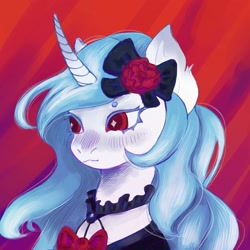 Size: 1280x1280 | Tagged: safe, artist:sleepybooocharlie, derpibooru import, oc, oc only, pony, unicorn, abstract background, ai interpretation, bow, bowtie, bust, clothes, curved horn, female, hair bow, horn, mare, portrait, solo, starry eyes, wingding eyes