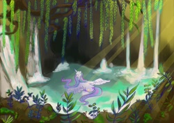 Size: 1280x907 | Tagged: safe, artist:sleepybooocharlie, derpibooru import, princess celestia, alicorn, pony, g4, female, in water, mare, missing accessory, outdoors, scenery, solo, spread wings, water, waterfall, wings