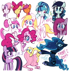 Size: 2100x2176 | Tagged: safe, artist:lulithmark, derpibooru import, apple bloom, coloratura, derpy hooves, fluttershy, nurse redheart, pinkie pie, princess luna, scootaloo, sonata dusk, sweetie belle, twilight sparkle, alicorn, earth pony, pegasus, pony, unicorn, g4, bow, bust, cutie mark crusaders, eyes closed, fangs, female, filly, foal, full body, hair bow, hat, holding, horn, mare, pinkamena diane pie, ponified, simple background, smiling, species swap, sweat, sweatdrop, text, tongue, tongue out, white background