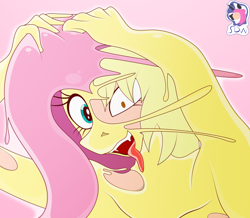 Size: 6000x5238 | Tagged: safe, artist:skyspeardraw, derpibooru import, fluttershy, anthro, human, g4, absurd resolution, bondage, bust, encasement, female, holding head, human to anthro, latex, living latex, open mouth, portrait, smiling, solo, species swap, tongue, tongue out, transformation