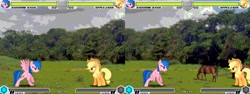 Size: 1986x744 | Tagged: safe, artist:tom artista, derpibooru import, applejack, firefly, rainbow dash, earth pony, horse, pegasus, pony, fighting is magic, g1, g4, bipedal, cloud, female, forest, game screencap, grass, grass field, nature, outdoors, recolor, stage, tree