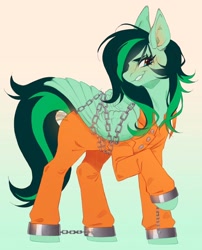 Size: 1170x1450 | Tagged: safe, artist:ziggylemon, derpibooru import, oc, oc only, oc:eden shallowleaf, pegasus, bound wings, chains, clothes, cuffed, jumpsuit, palindrome get, pegasus oc, prison jumpsuit, prison outfit, shackles, smiling, smirk, solo, wings