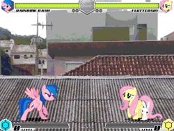 Size: 993x745 | Tagged: safe, artist:tom artista, derpibooru import, angel bunny, firefly, fluttershy, rainbow dash, pegasus, pony, fighting is magic, g1, g4, bipedal, city, female, game screencap, outdoors, recolor, roof, village