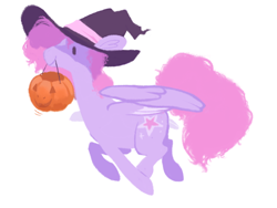 Size: 640x480 | Tagged: safe, artist:bananasmores, derpibooru import, starsong, pegasus, pony, g3, halloween, hat, holiday, pumpkin bucket, solo, witch hat