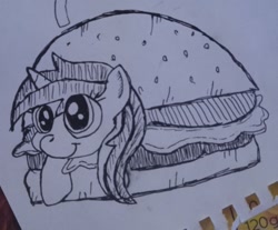 Size: 1280x1061 | Tagged: artist needed, source needed, safe, derpibooru import, sea swirl, seafoam, g4, burger, food, paper, pony burger, simple background, sketch, traditional art, white background